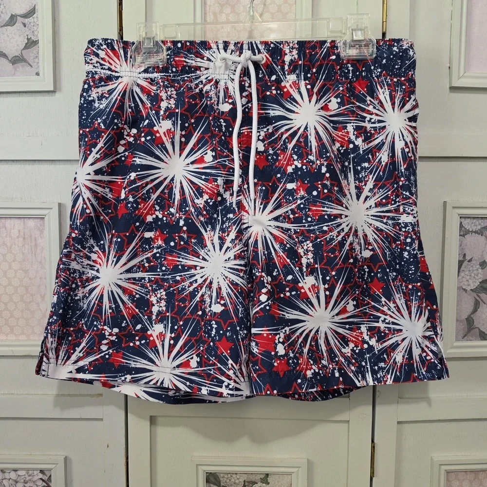 GEORGE Swim Trunks Mens Sz Med Fireworks Print Surf Shorts